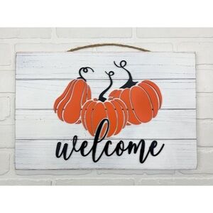 Fall Welcome Pumpkin Graphic Wooden Sign Rustic Hanging Decor White Orange Black